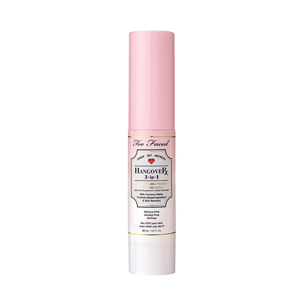 Too Faced Hangover 3-in-1 Primer & Setting Spray | Soothing & Hydrating Setting Spray for Face Makeup | Coconut Water | Travel Size, 1 Fl Oz, Clear