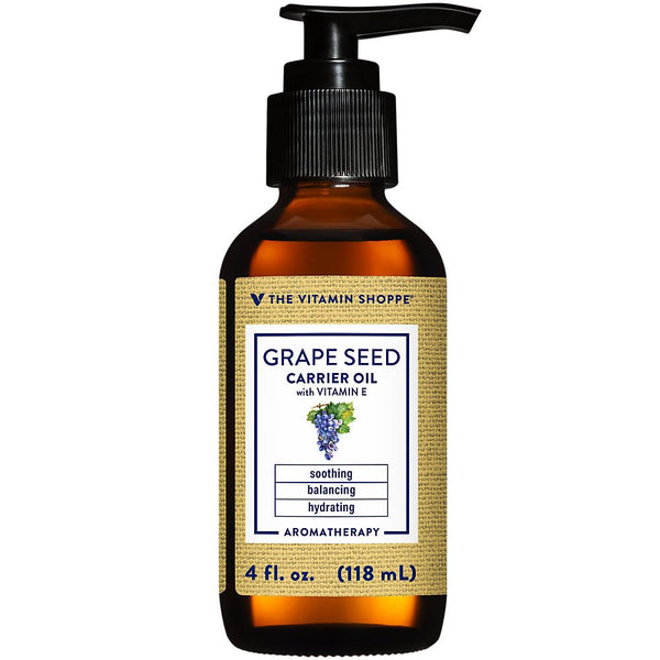 The Vitamin Shoppe Grape Seed Carrier Oil with Vitamin E - Soothing Balancing Skin Care | Aromatherapy Base | 4 oz | Hydrating