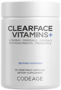 Thumbnail for Codeage Clearface Pantothenic Acid, Niacin Supplement, Vitamins A, C, D3, E, Probiotics, Zinc, Riboflavin, Thiamin, L-Lysine HCL & Omega-3, Niacinamide, Skin Botanical Blend - Non-GMO - 90 Capsules