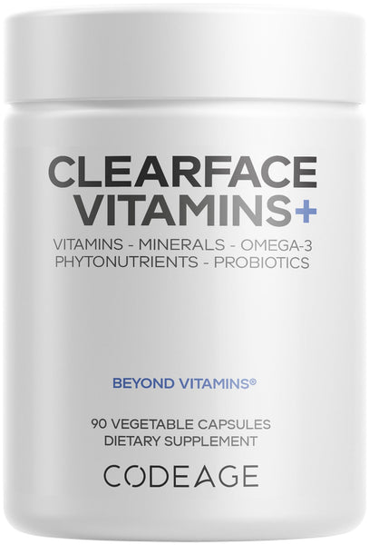 Codeage Clearface Pantothenic Acid, Niacin Supplement, Vitamins A, C, D3, E, Probiotics, Zinc, Riboflavin, Thiamin, L-Lysine HCL & Omega-3, Niacinamide, Skin Botanical Blend - Non-GMO - 90 Capsules