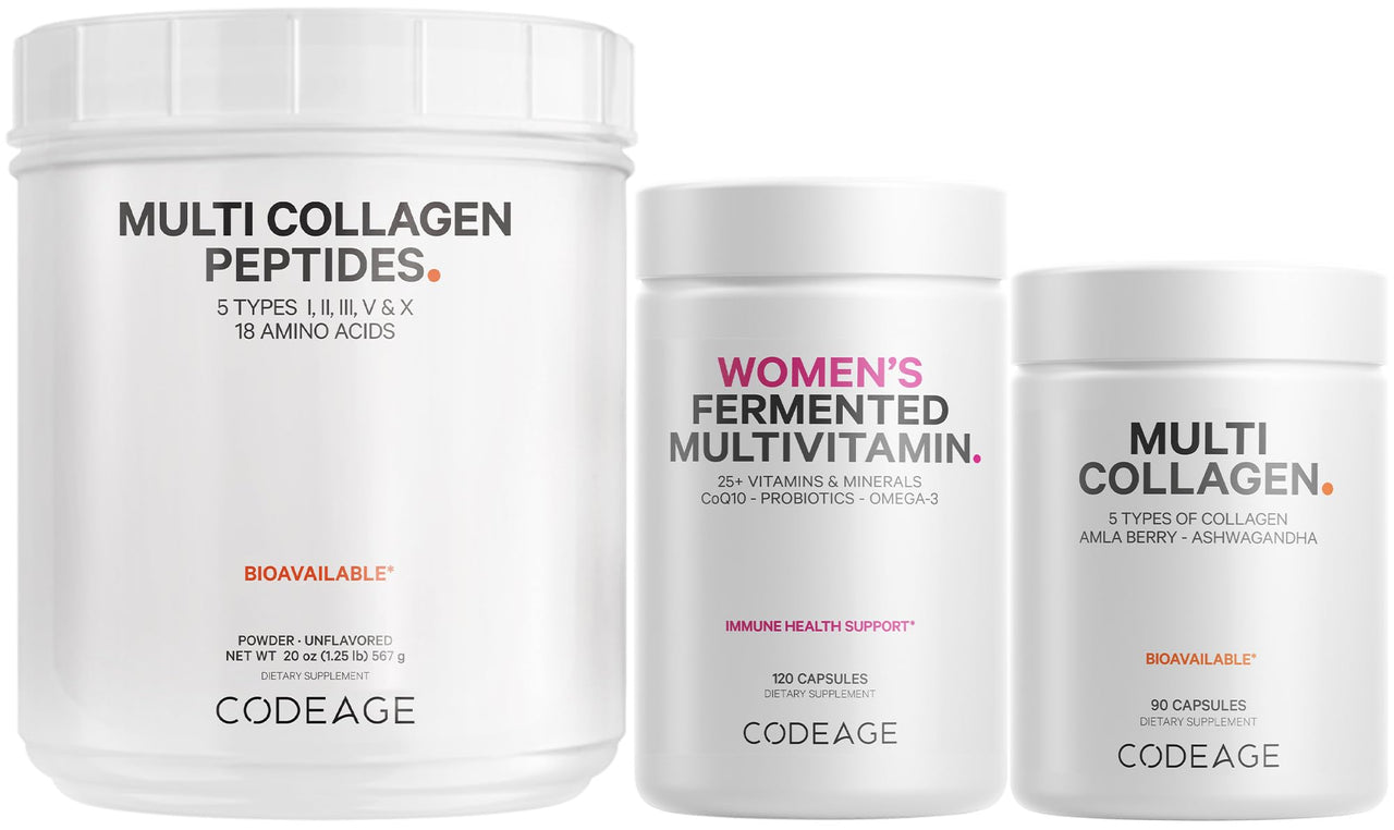 Codeage Multi Collagen Protein Capsules & Powder Peptides + Women’s Daily Multivitamin Bundle, 25+ Multivitamins & Minerals, Omega-3, Enzymes, Probiotics, Vitamin C, Zinc, Biotin, Non-GMO Supplement