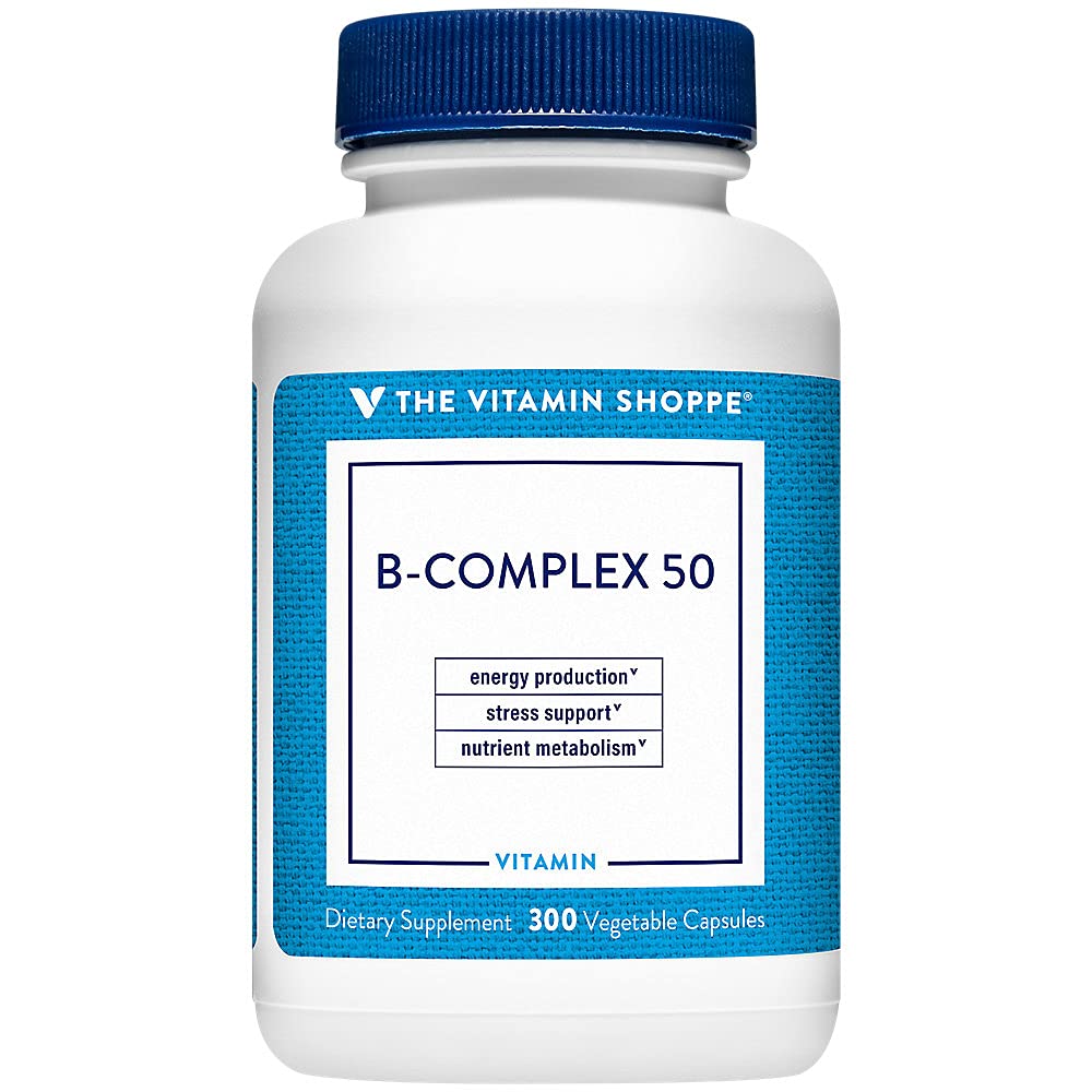 The Vitamin Shoppe B-Complex 50 – Supports Energy Production, Nervous System Function & Nutrient Metabolism – Excellent Source of B1, B2, B6, B12, Niacin, Folic Acid & Biotin (300 Veggie Caps)