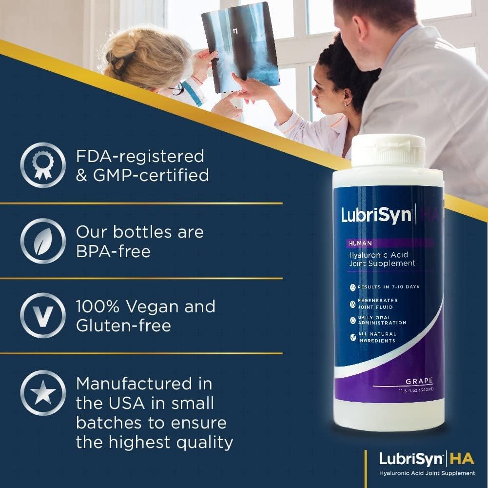 Lubrisyn Hyaluronic Acid Oral Joint Supplement â€“ Liquid HA Formula for Humans â€“ Promotes Joint Support, Mobility, Flexibility, Hydration & Healthy Function for Men & Women â€“ Grape Flavor 11.5oz