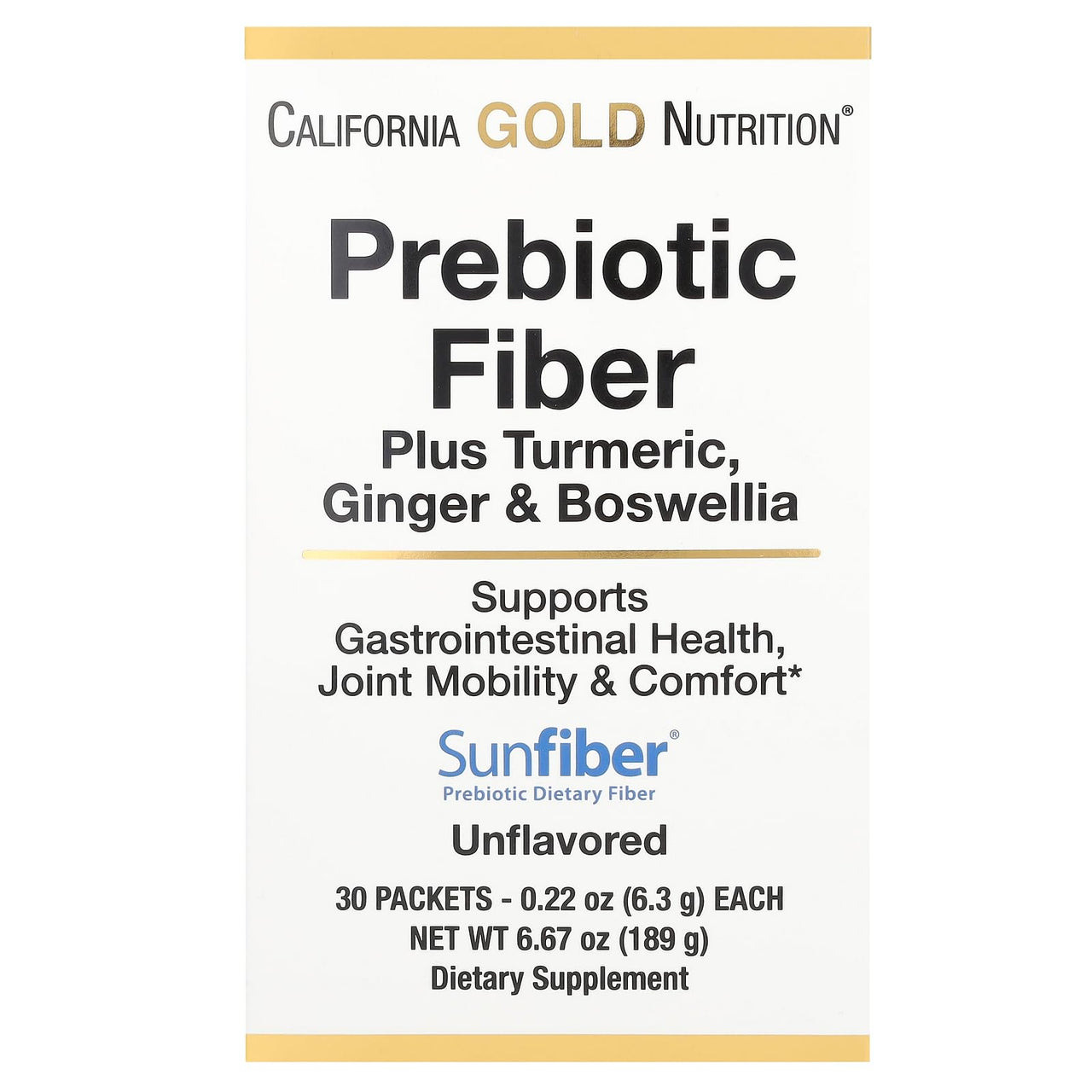 California Gold Nutrition Prebiotic Fiber Plus Turmeric Extract, Organic Ginger Extract and Boswellia Extract, 30 Packets, 0.22 oz (6.3 g) Each