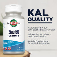 Thumbnail for KAL Zinc 50mg Amino Acid Chelate, Immune Support Supplement, Healthy Metabolism and Immune System Formula, Enhanced Absorption, Vegan, Gluten Free, 60-Day Money Back Guarantee, 90 Servings, 90 Tablets