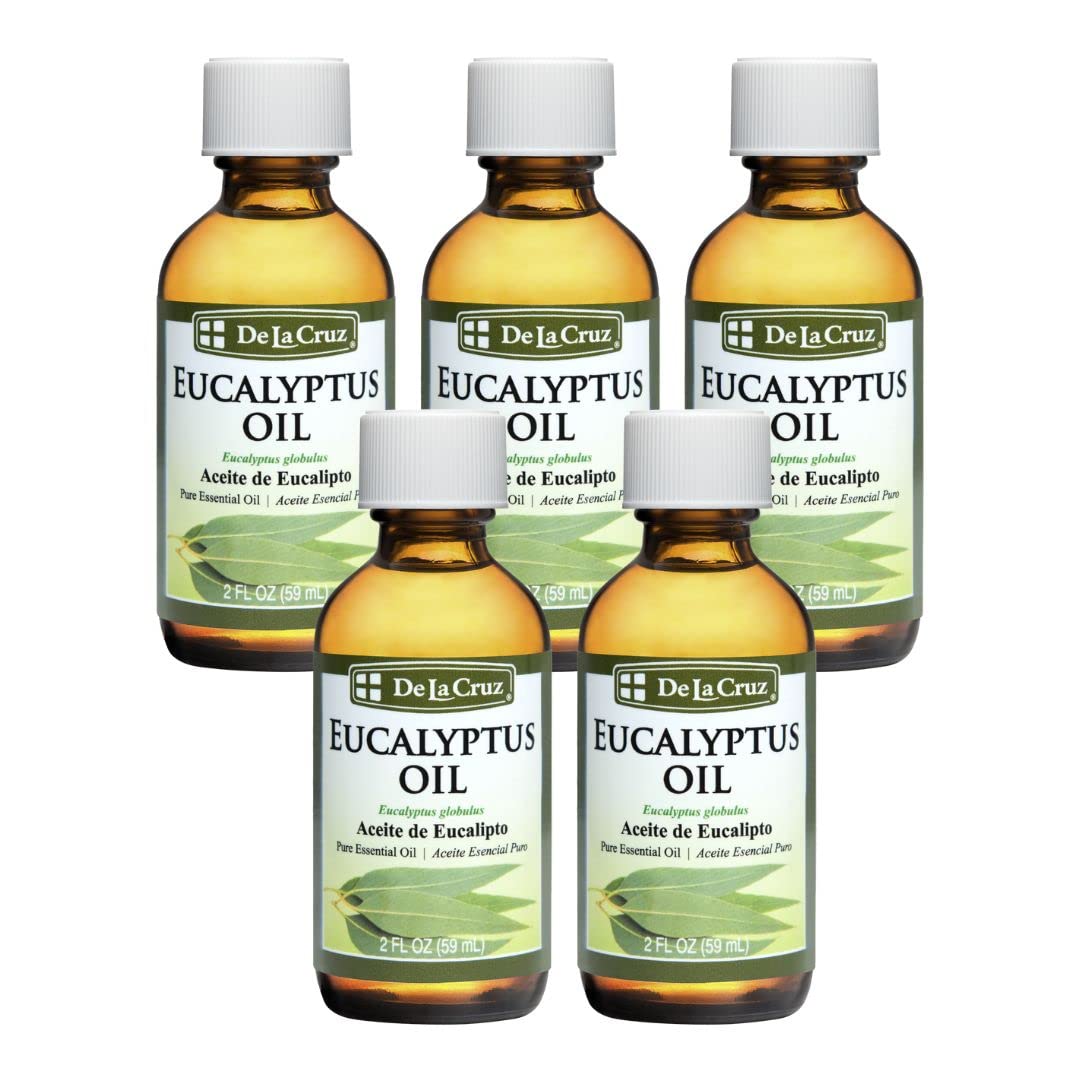 De La Cruz Eucalyptus Essential Oil Aromatherapy for Diffuser or Humidifier, 100% Pure Steam Distilled Eucalyptus Globulus 2 FL OZ (5 Bottles)