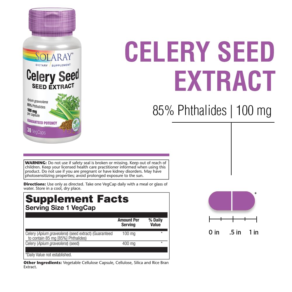 SOLARAY Celery Seed Extract Capsules - Overall Health Support for Men & Women, 100 mg, 85% Phthalides, Non-GMO, Vegan - 30 Count VegCaps