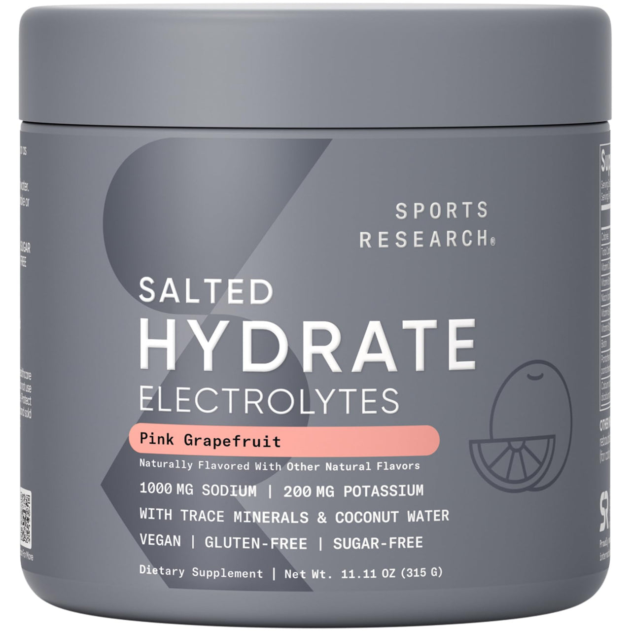 Sports Research® Hydrate Electrolytes Salted Pink Grapefruit - Sugar-Free & Naturally Flavored with Vitamins, Minerals, and Coconut Water - Supports Hydration* - 45 Servings