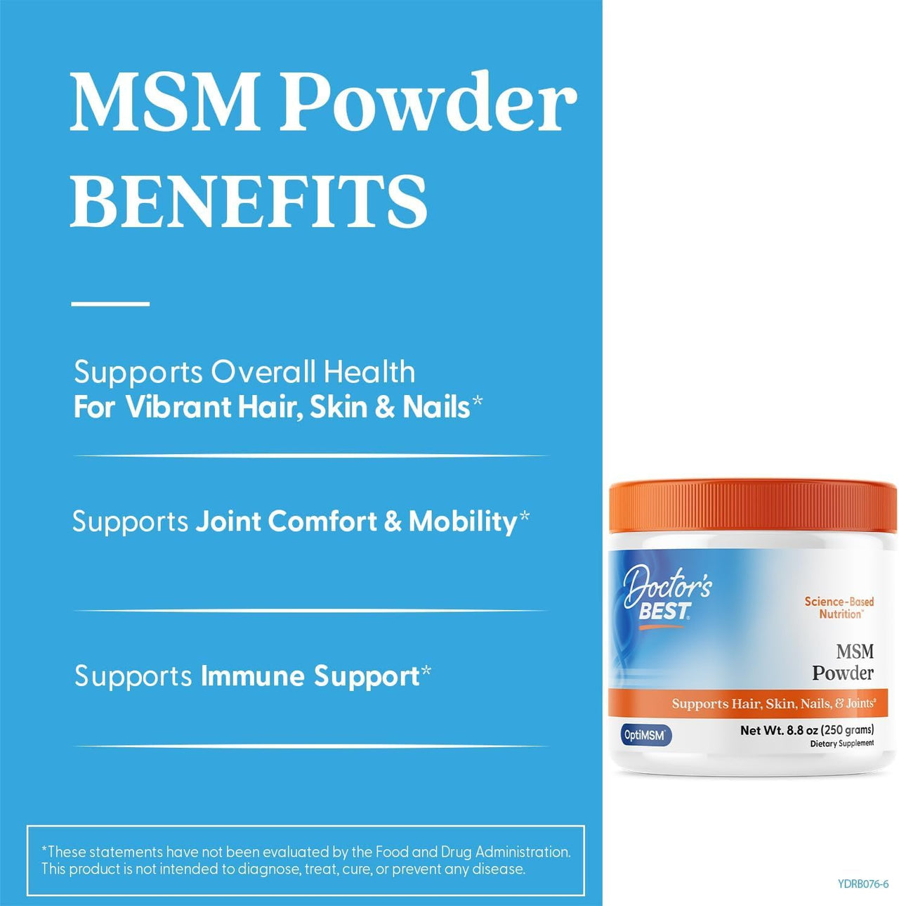 Doctor's Best MSM Powder Supplement for Men & Women - Supports Hair, Skin, Nails, Joint Health, & Mobility, Delivers Beneficial Sulfur with OptiMSM, Gluten Free, Soy Free, Non GMO, Vegan - 8.8 oz
