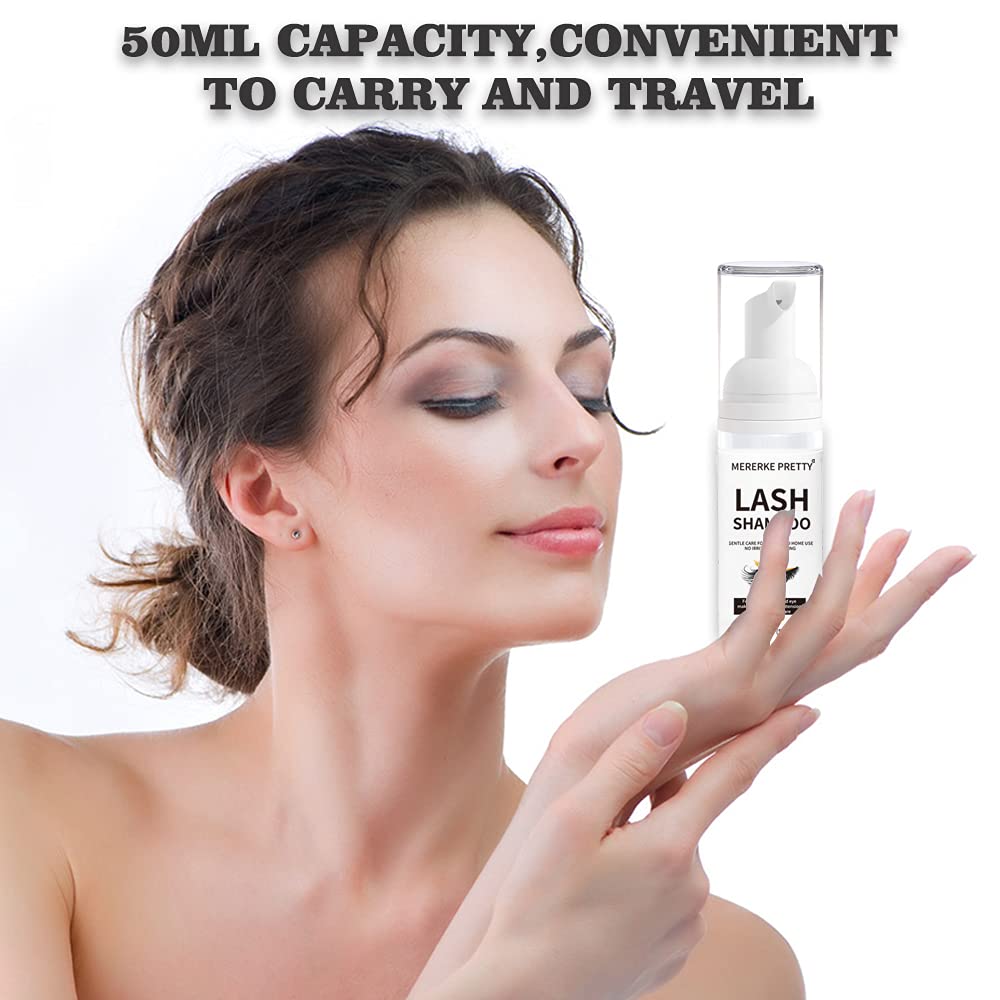 Mererke_Pretty Eyelash Extension Shampoo 50 ml + Brush - Eyelid Foaming Cleanser - Sensitive Paraben & Sulfate Free - Eyelash Wash and Lash Bath for Extensions - Salon Use and Home Care