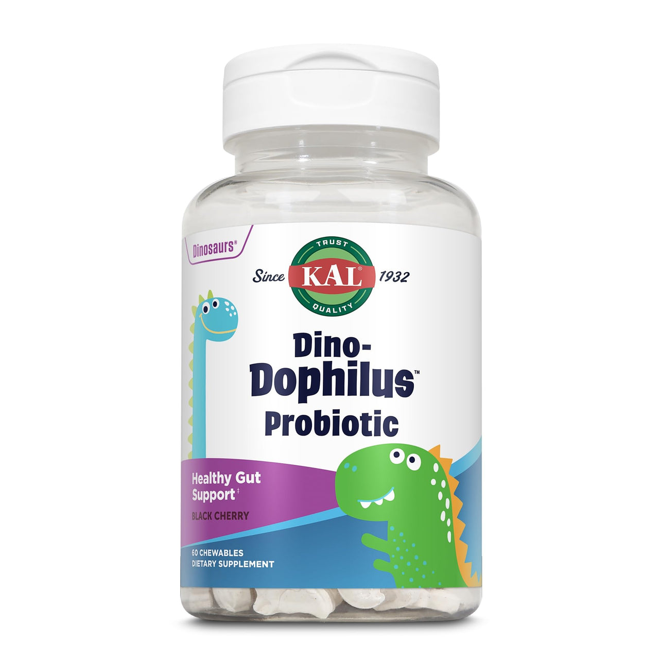 KAL DinoDophilus Probiotics for Kids - Chewable Kids Probiotic with 2 Billion CFU for Children's Gut Health and Digestion Support - Natural Black Cherry Flavor, 60 Chews