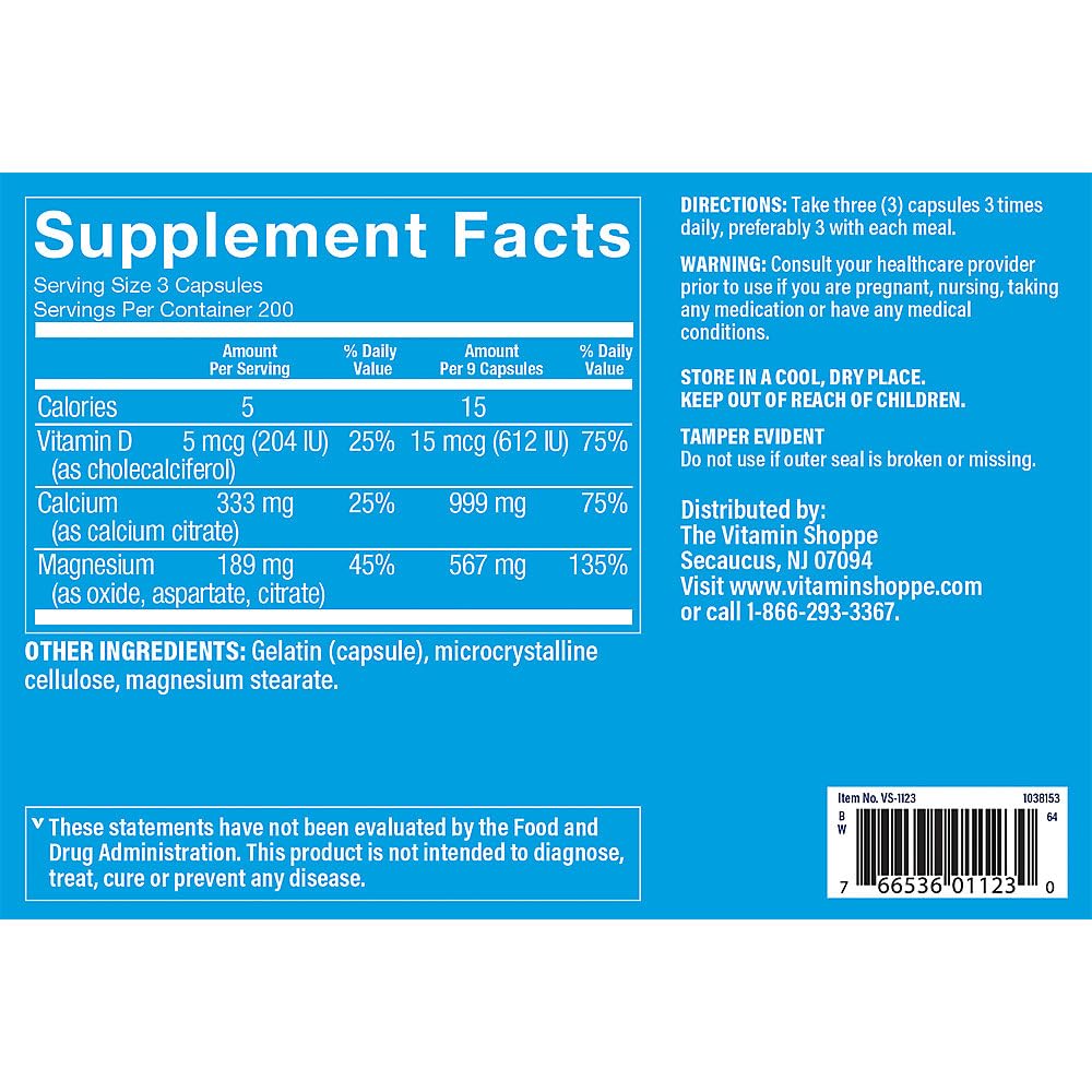 Calcium Citrate+Magnesium&Vitamin D,Multi-Mineral Bone Health Supplement,Vitamin D Aids Absorption, Calcium 999mg, Magnesium 567mg, Vitamin D 612IU per Daily dose (600 Capsules) by The Vitamin Shoppe