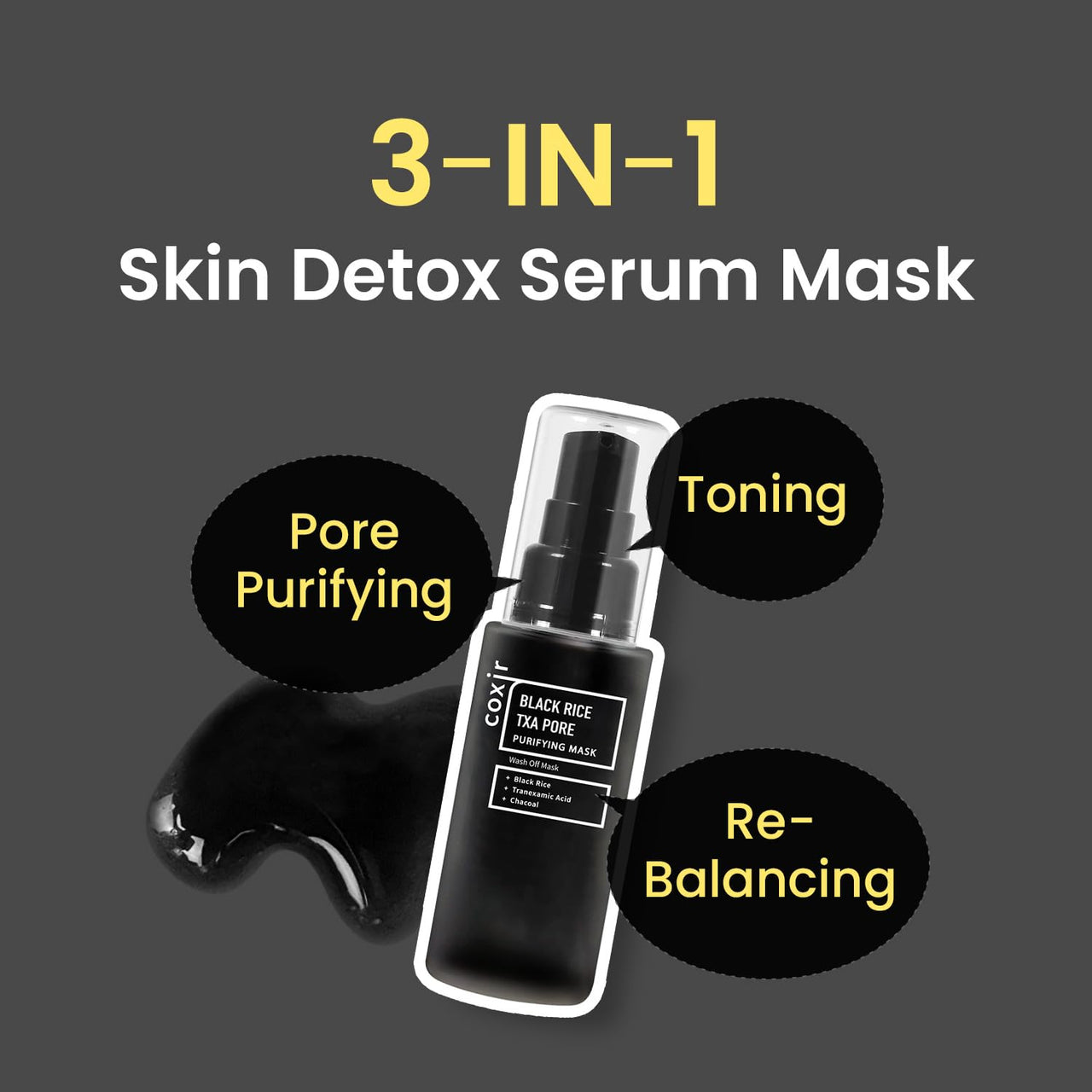 coxir BLACK RICE TXA PORE PURIFYING MASK l Tranexamic Acid, 3-in-1 Detox Serum Mask l Pore, Cleansing, Toning l Hydrating Wash Off Mask for Blackhead, Korean Skin Care[50ml/1.69 fl.oz]