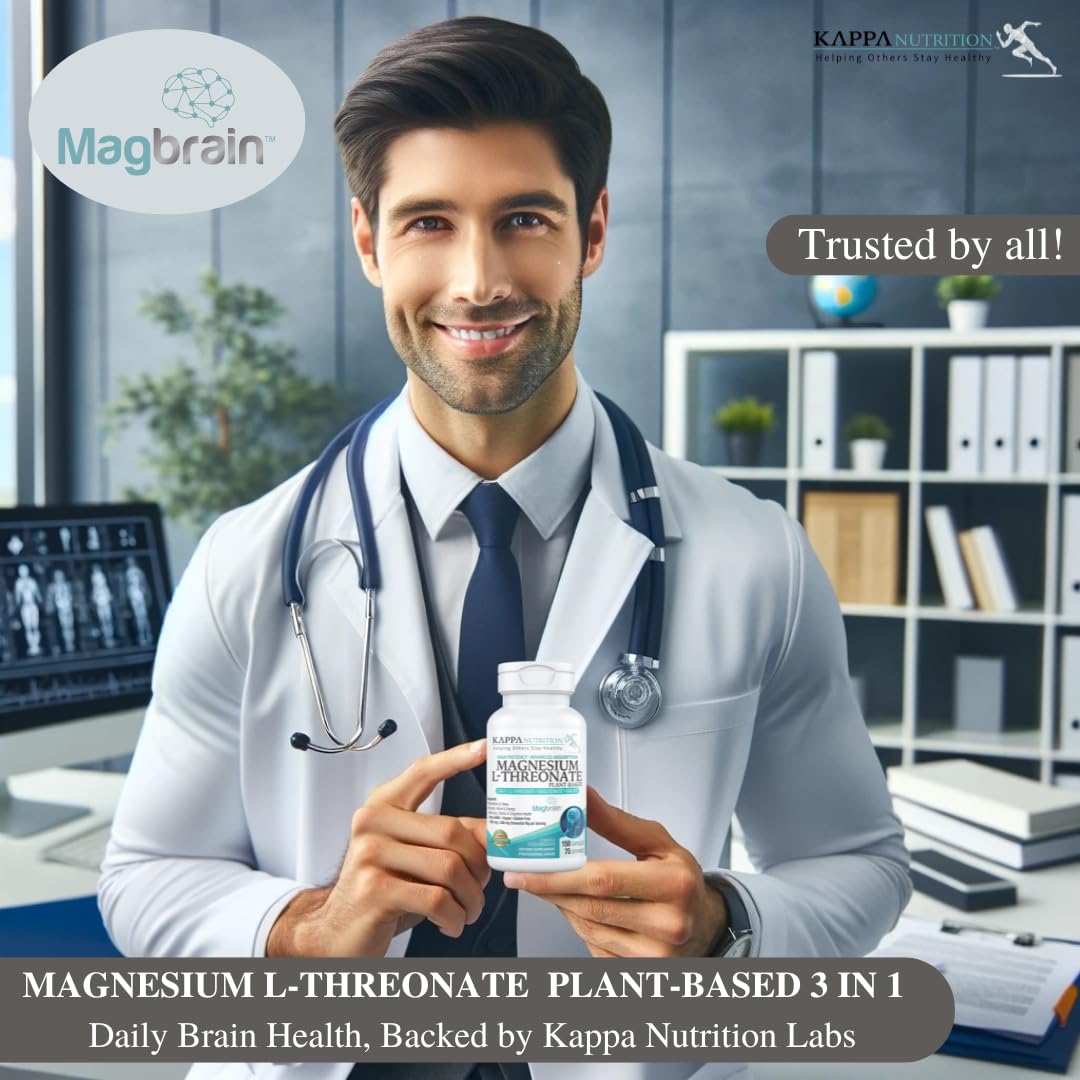 Kappa Nutrition Powered by Magbrain™ Magnesium L-Threonate Plant-Based, 150 Vegan Capsules, 420mg Elemental Magnesium (3 Capsules) from 2,253mg, Brain, Sleep & Muscle Support.