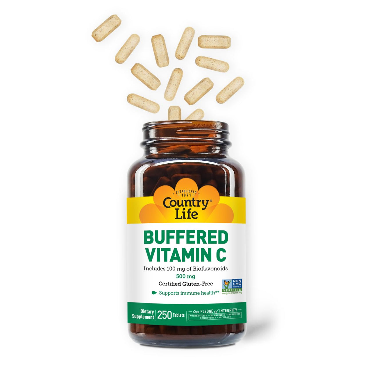 Country Life Vitamin C Buffered with Bioflavonoids, 500mg, 250 Tablets, Certified Gluten Free, Certified Vegan