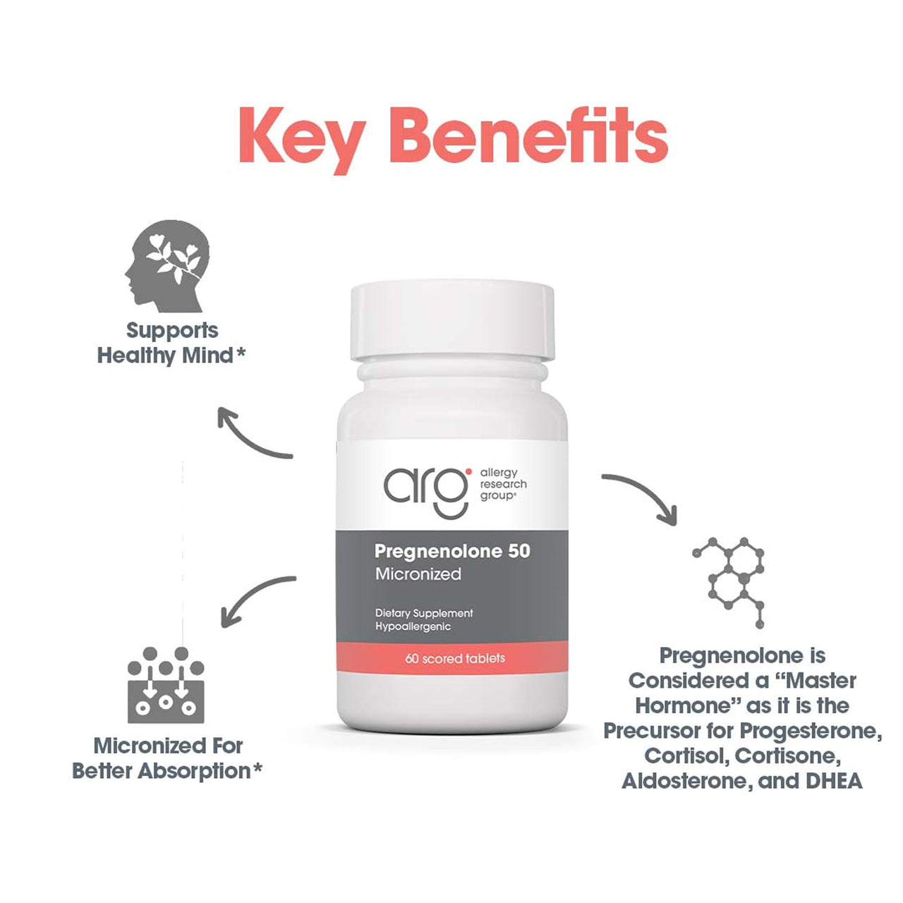 Allergy Research Group ARG Pregnenolone 50 mg - Micronized Hormone Precursor Support - Highly Bioavailable - Hypoallergenic - 60 Servings - 60 Scored Tablets