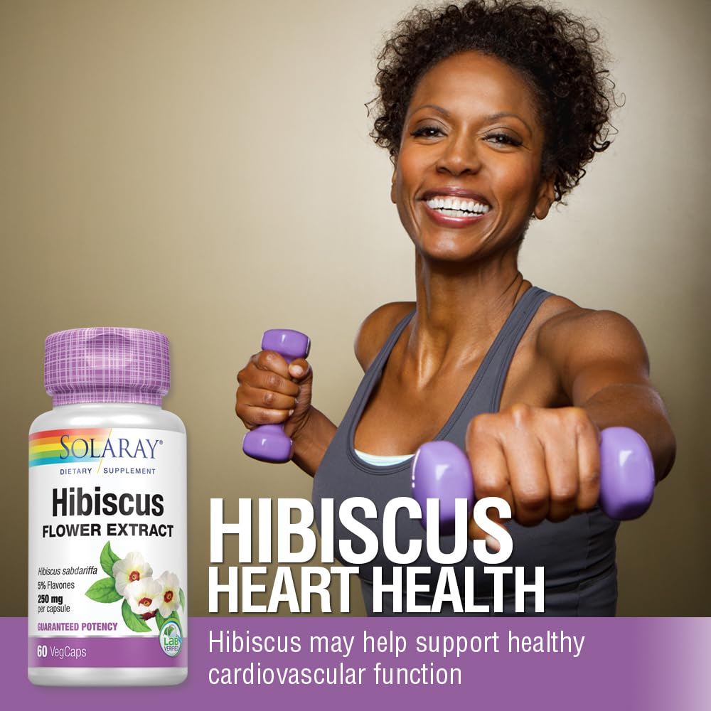 SOLARAY Hibiscus Flower Extract Sabdariffa Supplement - 250 mg, Healthy Cardiovascular Function Support for Men and Women, Non-GMO, Vegan Capsules - 60 Count VegCaps