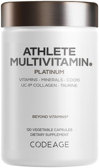 Thumbnail for Codeage Athlete Multivitamin Platinum – Sports Supplement with Vitamins & Minerals, Folate, Iron & Magnesium, Creatine, Taurine, Electrolytes, CoQ10, PQQ, UC-II Collagen – Non-GMO – 120 Capsules