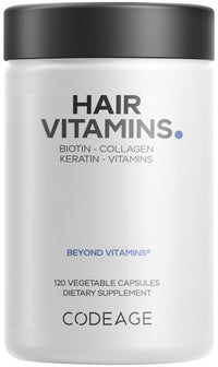 Thumbnail for Codeage Hair Vitamins 10000 mcg Biotin, Keratin, Collagen, Vitamin A, B12, C, D3, E, Zinc, Turmeric, Probiotics, Enzymes, Inositol - Hair Care Support - Healthy Hair Supplement Pills - 120 Capsules