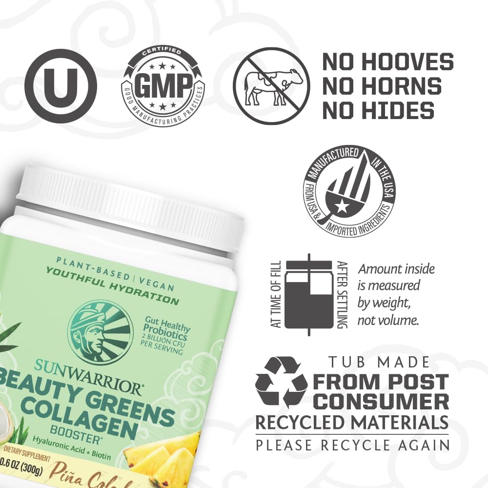Sunwarrior Vegan Beauty Greens Drink Plant-Based | Hyaluronic Acid Minerals Biotin Probiotics Non-GMO Soy Free Sugar Free Dairy Free Gluten Free | Pina Colada 25 Servings