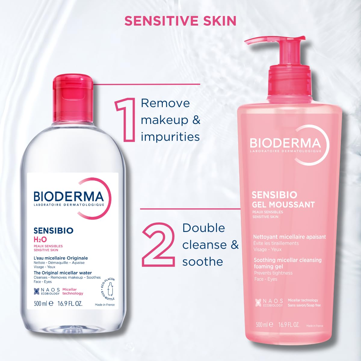Bioderma Sensibio H2O Micellar Water, Makeup Remover Cleanser, Gentle for Skin, Fragrance-Free & Alcohol-Free, Gentle Face Cleanser for Sensitive Skin, 16.9 Fl Oz