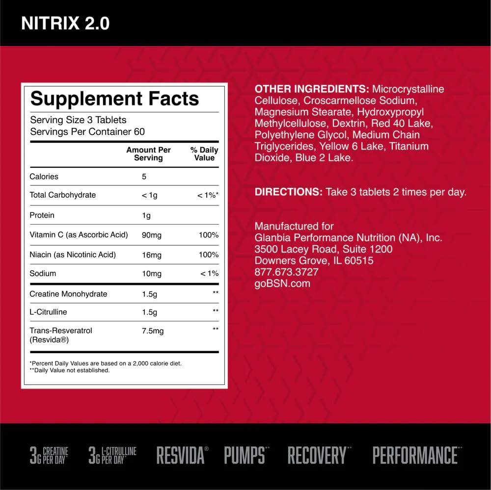 BSN NITRIX 2.0, Workout Supplement, Nitric Oxide Precursors, 3g Creatine, 3g L Citrulline, L-Citrulline, Supports Workout Performance, Pumps, Muscle Recovery and Endurance, 180 Tablets, 60 Servings