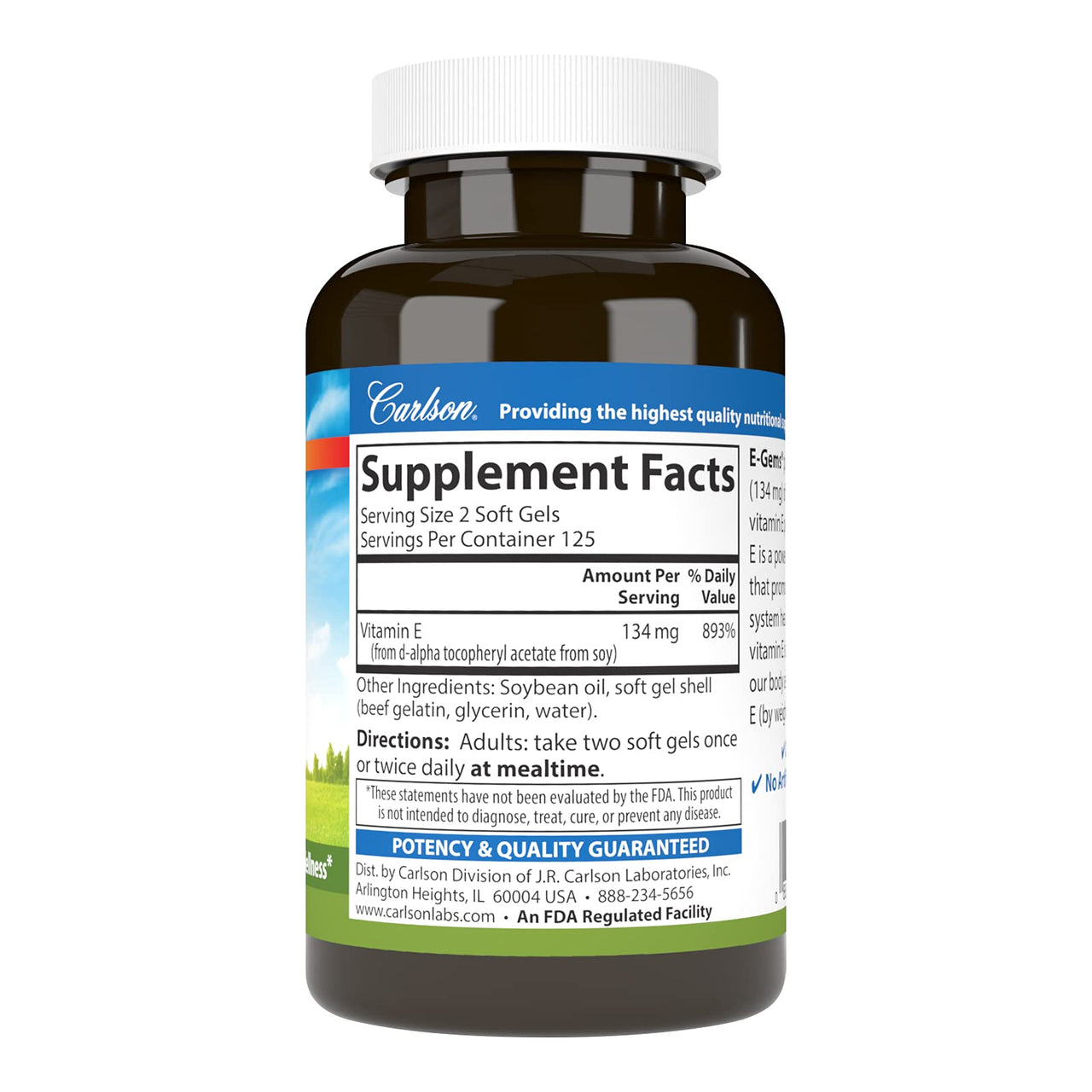 Carlson E-Gems 200 IU (134 mg), Natural-Source Vitamin E, Optimal Wellness, 250 Soft Gels