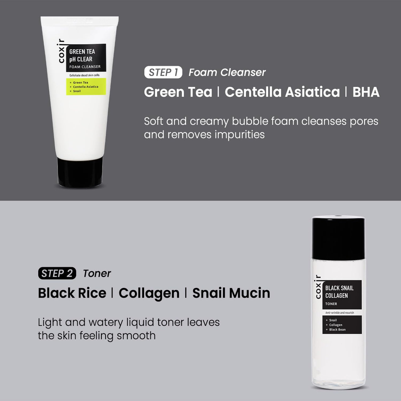 coxir Black Snail Collagen Starter Kit – Cleanser, Toner, Serum & Cream | Repairing Snail Mucin Skincare Set, Hydrating Korean Beauty Routine for Women (4-Piece)