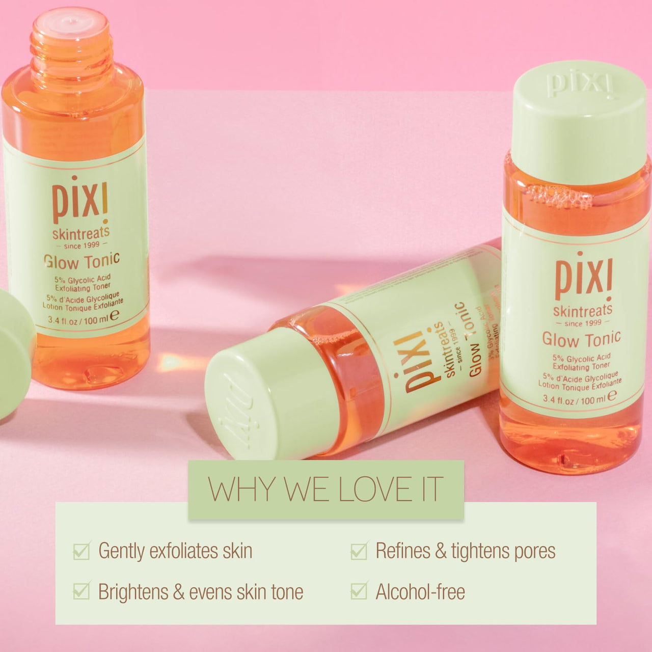 Pixi Glow Tonic Balancing Face Toner Glycolic Acid Toner for Radiant Skin Daily Brightening Toner (3.4 fl oz / 100 ml,)