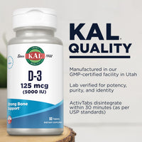 Thumbnail for KAL Vitamin D3 5000 IU 125 mcg, High Potency Vitamin D Tablets, Calcium Absorption, Bone Health and Immune Support Supplement, Rapid Disintegration D-3 ActivTabs, 60-Day Guarantee, 60 Serv, 60 Tablets