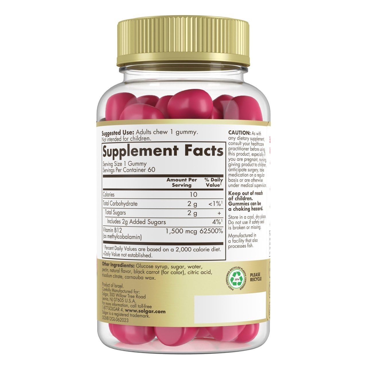Solgar Methyl B12 Gummies for Adults 1,500mcg Ultra Potency Vitamin for Energy & Metabolism Support, Raspberry Flavor, Vegan & Gluten-Free Gummy for Women & Men, 2 Month Supply, 60 Servings, 2g Sugar