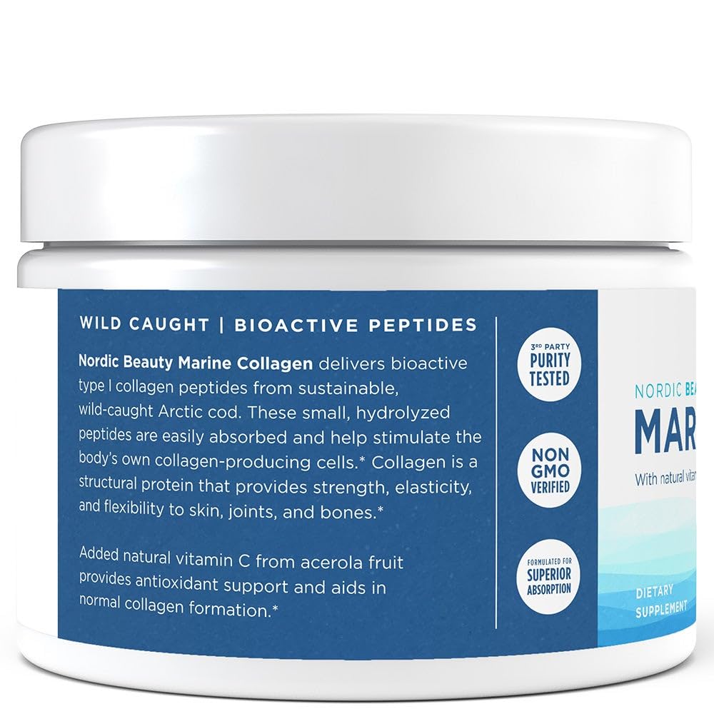 Nordic Naturals Nordic Beauty Marine Collagen Powder, Strawberry - 5.29 Ounces - Collagen Powder Supplement for Healthy Skin, Joints, and Bones, Vitamin C for Antioxidant Support - 30 Servings