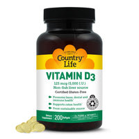 Thumbnail for Country Life Vitamin D3 5000 IU for Immune and Bone Health, Calcium Absorption, and Colon Health - Sustainable Source from Lanolin, Available in Various Strengths