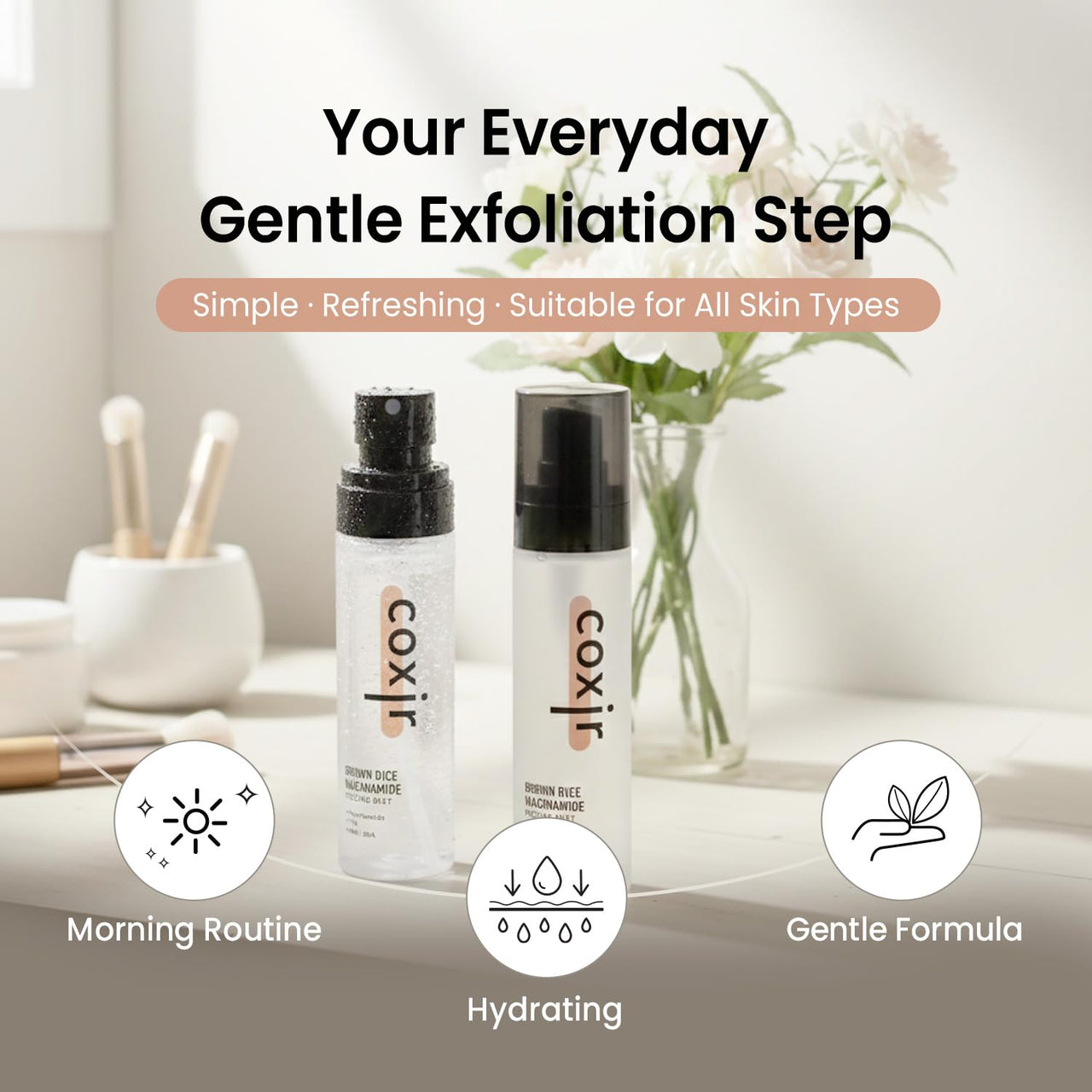 coxir Brown Rice Gentle Mist Toner – Niacinamide, TXA, AHA/BHA | Daily Mild Peeling Facial Spray for Smooth Texture & Pore Care | Korean Skincare [2.70 fl.oz]