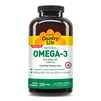 Thumbnail for Country Life Omega-3 Fish Oil Supplement, 1000mg, 180mg EPA & 120mg DHA, Fish Oil Concentrate, Burpless, 300 Softgels, Certified Gluten Free