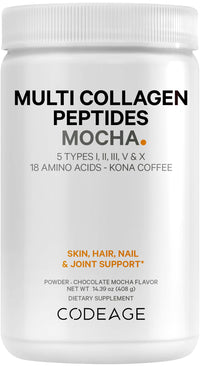 Thumbnail for Codeage Multi Collagen Peptides Protein Powder - Chocolate Mocha Instant Coffee - Gourmet Knoa Coffee Drink & Shake - Collagen Type I, II, III, V & X - Grass-Fed, Hydrolyzed, Non-GMO - 14.39oz