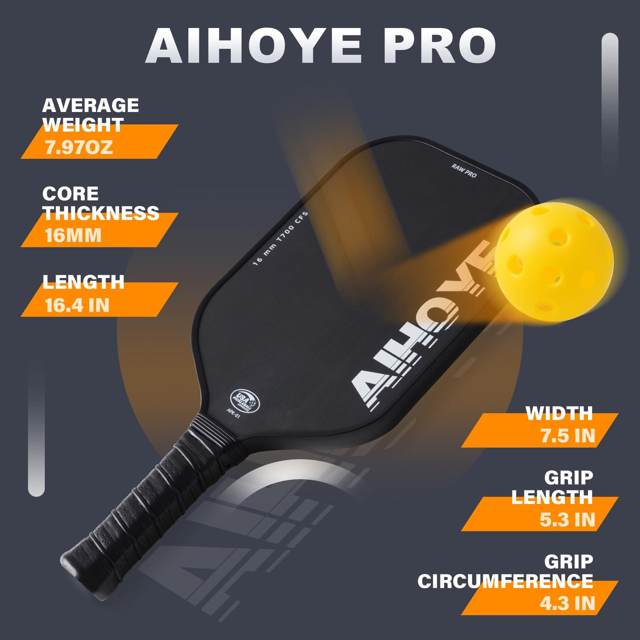 Aihoye PRO Pickleball Paddles- Raw T700 Carbon Fiber Textured Surface (CFS) with High Grit & Spin, Pickleball Paddles Set of 2 with 16MM Polypropylene Honeycomb Core, USAPA Approved