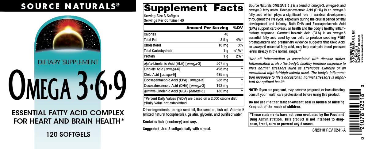 Source Naturals Omega 3-6-9, Essential Fatty Acid Complex for Heart and Brain Health* - 120 Softgels