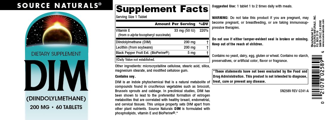 Source Naturals DIM, Diindolylmethane 200mg with BioPerine, Vitamin E & More - 60 Tablets