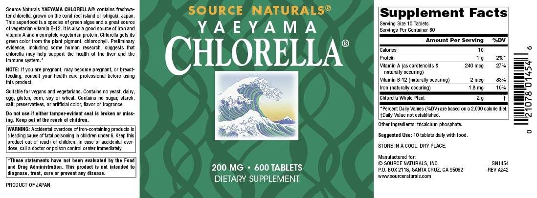 Source Naturals Yaeyama Chlorella Green Superfood, Plant-Based B12* - 200 mg, 600 Tablets