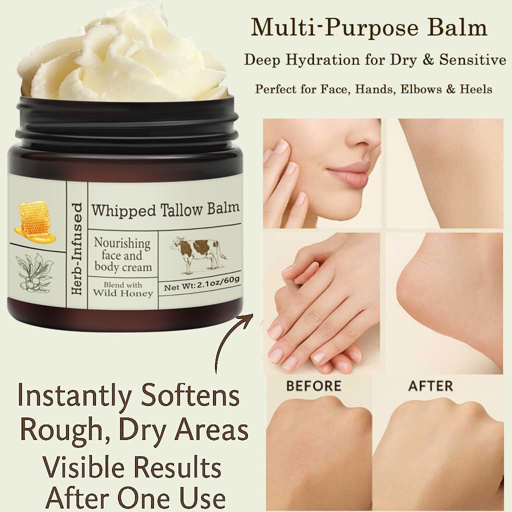 URQT Beef Tallow for Skin - Organic Grass-Fed Whipped Beef Tallow and Honey Balm - Deeply Moisturizing for Face & Body - Natural Skin Care for Soft, Supple Skin