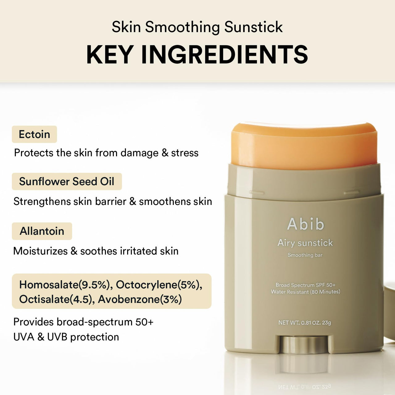 Abib Airy Sunstick Protection Bar Broad Spectrum SPF50+ 0.81 oz / 23 g (Semi- matte) | Korean Suncreen Stick Suncare Sunblock, No Whitecast, Protector Solar Barra, Water resistant