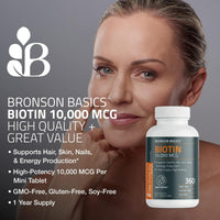 Thumbnail for Bronson Biotin 10,000mcg, Supports Healthy Hair, Skin and Nails, Vegetarian, Non-GMO, 150 Tablets