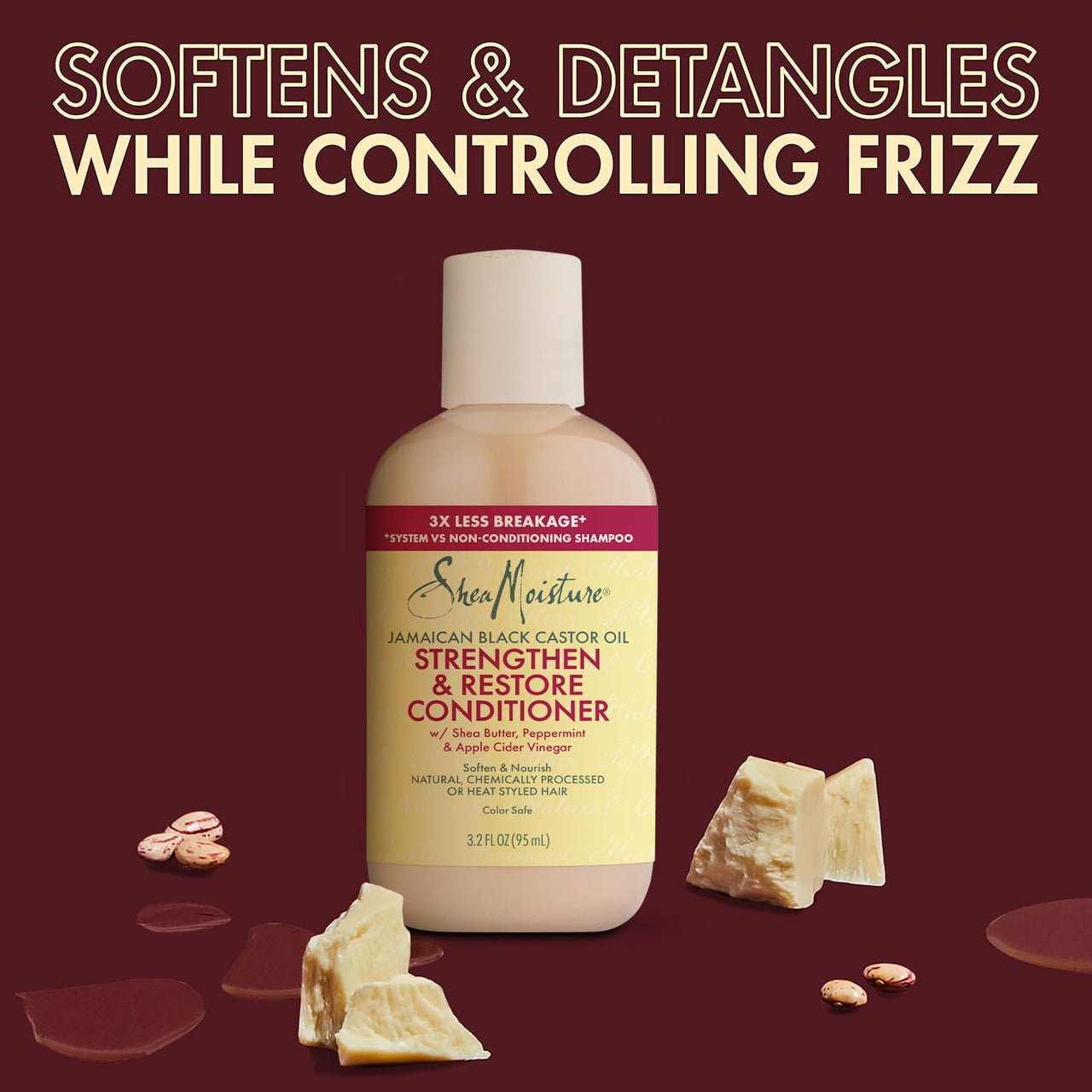 SheaMoisture Strengthen & Restore Conditioner, Travel-Size 3-Pack – Jamaican Black Castor Oil Deep Conditioner for Dry, Damaged Hair, 3.2 Oz Ea