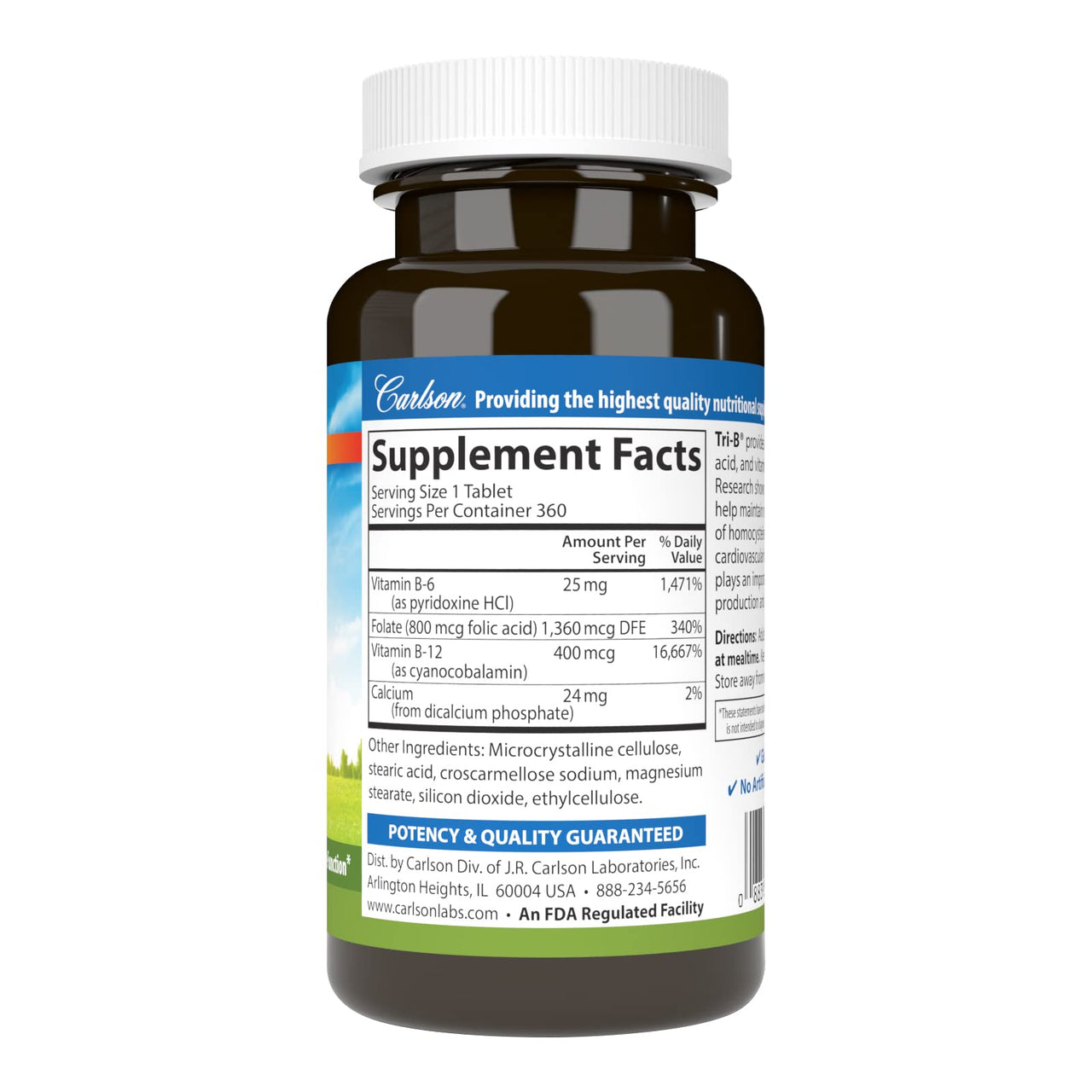 Carlson - Tri-B, Vitamin B Complex, 25 mg Vitamin B-6, 400 mcg Vitamin B-12, Folic Acid Energy Pills, Promote Cardiovascular Health, B Complex Vitamins, B12 Supplement, B Vitamin Complex, 360 Tablets