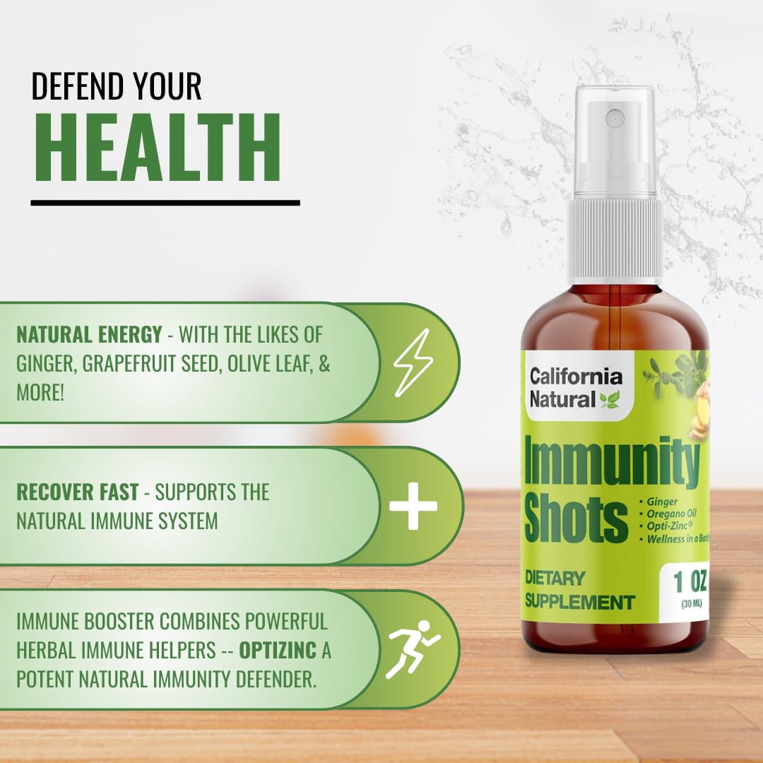 California Natural Immunity Shots 1oz Bottle, Organic Ginger Root, Oregano Oil - Potent & Pure Immune System Booster - Immune System Support & Wellness Shot (Pack of 1)