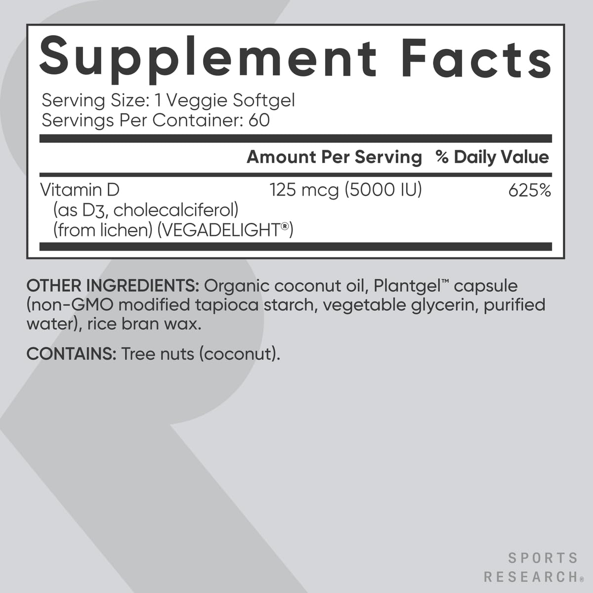 Sports Research Vegan Vitamin D3 5000IU (125 mcg) with Coconut Oil | 100% Plant-Based Vitamin D for Bone, Joint & Immune Support | Carrageenan Free, Vegan Certified & Non-GMO Verified (60 Softgels)