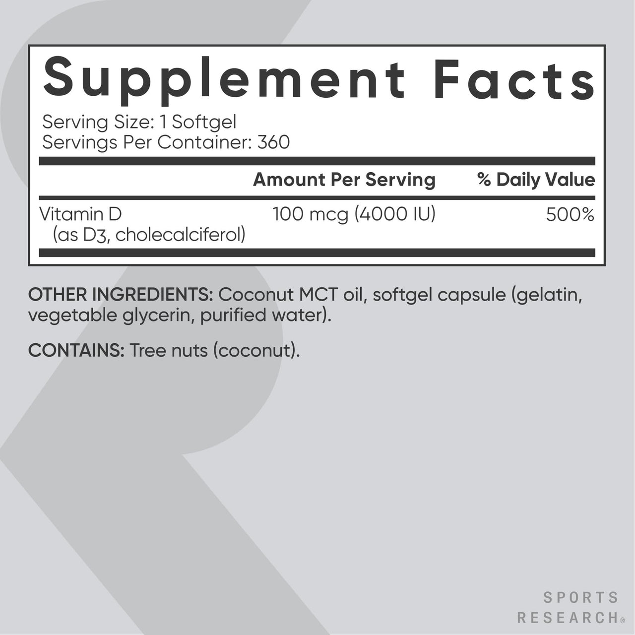 Sports Research® Vitamin D3 4000iu/100mcg with Coconut MCT Oil, 360 Count