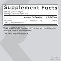 Thumbnail for Sports Research® Vitamin D3 4000iu/100mcg with Coconut MCT Oil, 360 Count