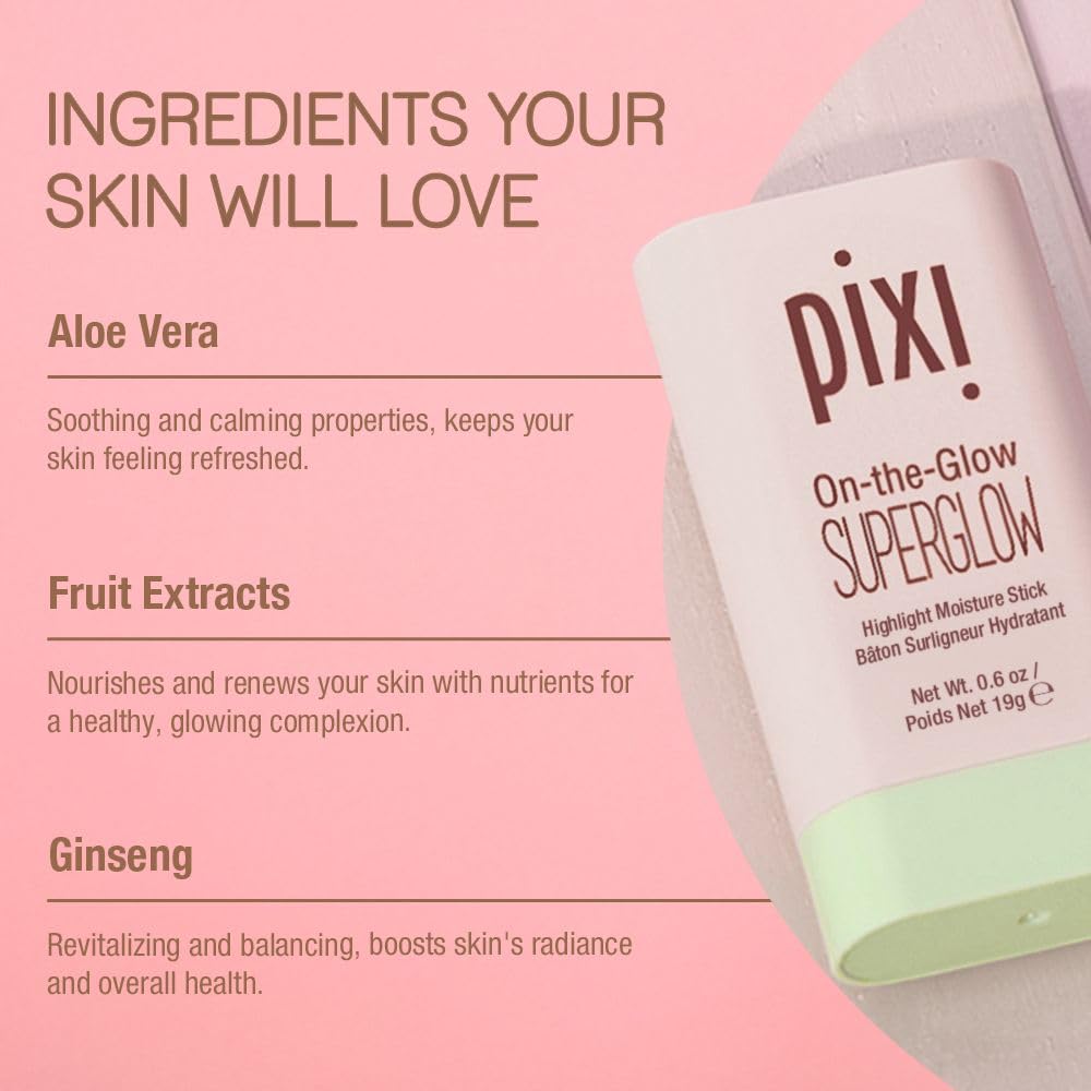 Pixi On-the-Glow SuperGlow | Shade IcePearl | Hydrating Highlighter Stick with Ginseng, Aloe Vera & Fruit Extracts | For Cheeks & Brow Bones | 19g / 0.6oz | Paraben-Free Luminous Natural Highlight